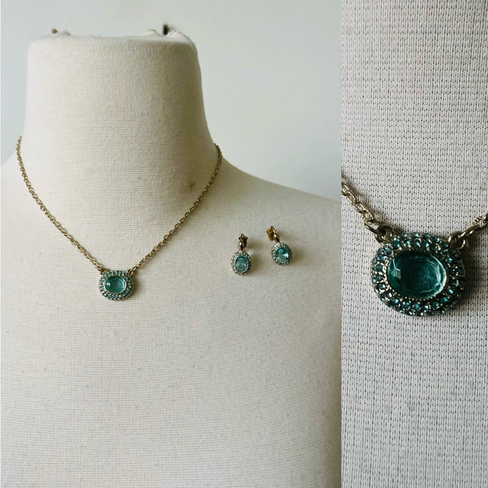 Light Blue and Gold Pendant Necklace and Tear Drop Earrings Set